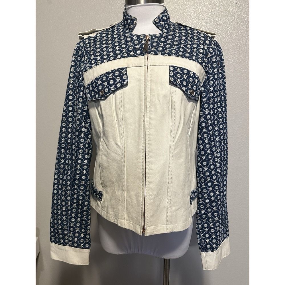Vintage Rocawear White Blue Leather Denim Military‎ Hip Hop Logo Jacket L Women
